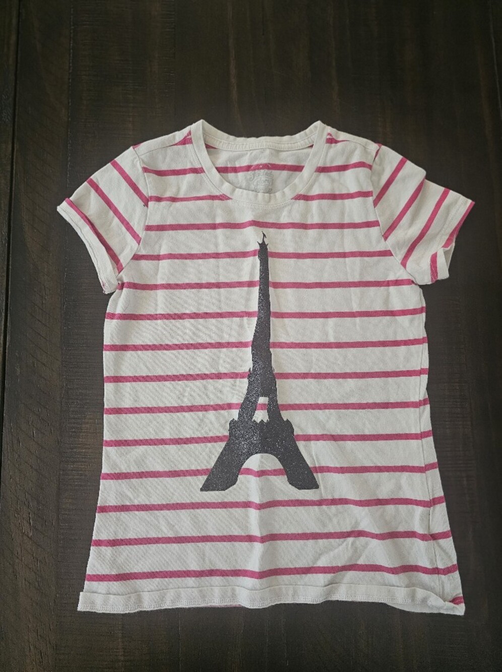 White Tee with Pink Stripes & Black Eiffel Tower